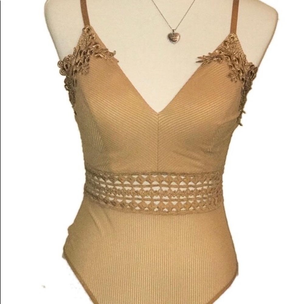Beige Mesh Floral Design Button Bodysuit